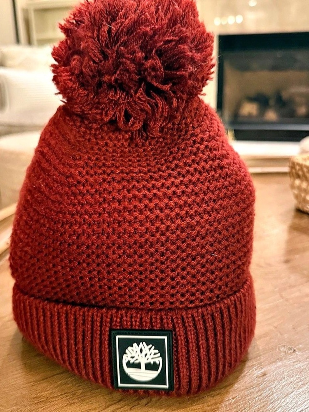 Timberland Honeycomb Knit Pom Beanie Hat Burgundy Maroon Cuffed OSFM